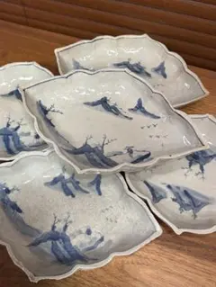 昔中国で購入した古染付皿◎山水画 豆皿 5枚セット 陶器 輪花皿