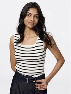 GU リブニットボーダースクエアネックタンクトップ 黒・白2枚セット