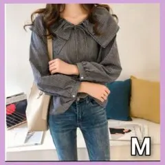 ブラウス レディース 長袖 ストライプ リボン フリル カジュアル　黒　M