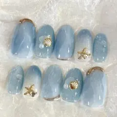 340》海 夏ネイル 波 ミラー ネイルチップ ゴールド ニュアンス 青