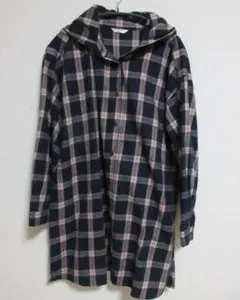 ロング丈 パーカーチュニックシャツ 青系チェック L～LLのサムネイル