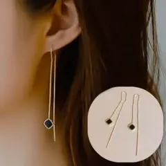 ひし形 チェーン シンプル ロング ピアス ゴールド ブラック アレルギー対応