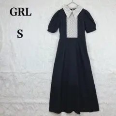 【グレイル】ブラック ロング丈 Aライン 半袖シャツワンピース S ドット柄