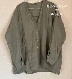 ZARA ザラベーシック　長袖 ノーカラーブラウス　シャツ　V襟　麻 ゆったりのサムネイル