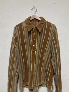 テリ―素材 シャツポロ ブラウン ストライプ XL 古着 90sライク