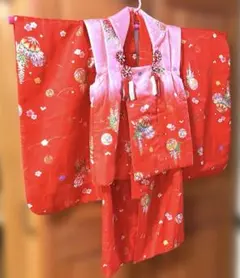 七五三 三歳 女児 被布着物セット 赤色×ピンク お仕立て無料 NO39423