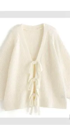 グレイル　リボン付きホワイトVネックカーディガン Fサイズ　an1400