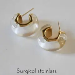 サージカルステンレス　太めクリアC型チャンキーフープピアス　k18金メッキ/透明