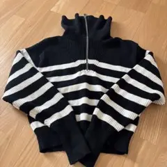 ZARA 黒と白のストライプ ハイネックセーター Mサイズ　レディース