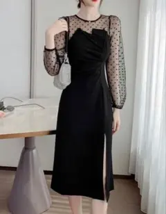 ブラック ドット柄 シースルードレス