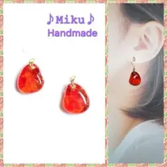No.1376-E 琉球ガラス☆レジンピアス・イヤリング☆チャーム(レッド