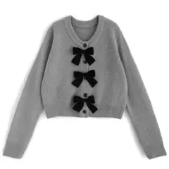 リボン付きグレークロップドニット