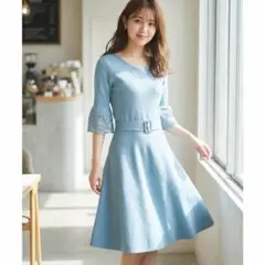 ジャスグリッティー　ワンピース　ブルー　レース　ロング　ベルト付　花柄　上品