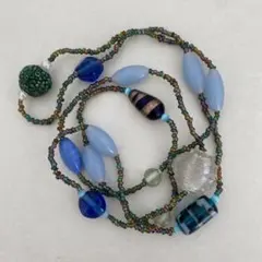 ロングネックレス ビーズ ブルー系