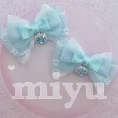 ヘアクリップ　ふんわりキラキラレース♡キラキラチャーム　ロリィタ　推し活　水色