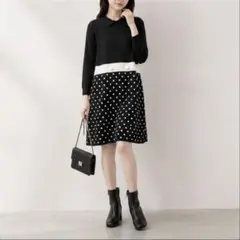 MARY QUANT レトロドット切替ニットワンピース M 美シルエットのサムネイル