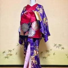 黒金のだらり帯☆七五三 アンティークきれいなブルーの着物に黒金のだらり帯☆七五三フル