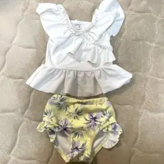 プティマイン 水着 女の子 90 セパレート オフホワイト イエロー 花柄