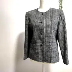 ノーカラー ジャケット チェック 11号 ウール レディース L
