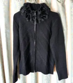 レディース　　ニットジャケット　ラビット毛皮の襟　黒　LLサイズ