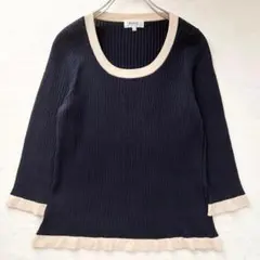 美品★自由区 リブニット セーター バイカラー フリル 七分袖 大きめ XL