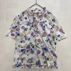 HANAÉ MORI ハナエモリ　花柄ブラウス　フリル襟　半袖　38のサムネイル
