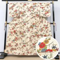 美品　小紋　型染　紅型　縮緬　乳白色　名古屋帯&帯揚げ&帯締め4点セット　正絹