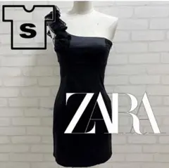 ★美品★ ZARA ブラック ワンショルダー フリル ミニドレス S