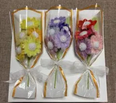 ハンドメイド モールフラワー 枯れない花 黄色 紫 ピンク3点セット ブーケ
