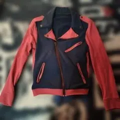 コットン　ライダースジャケット　紺　ピンク　バイカラー