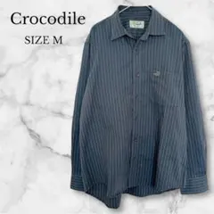 クロコダイル　シャツ　トップス　ストライプ柄　長袖　カジュアル　グリーン　M