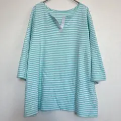 ボーダー カットソー キーネック 七分袖 ビッグサイズ 3L 緑 白 綿 春夏秋