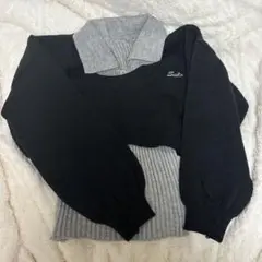 ブラック セーター シャツ襟 重ね着風