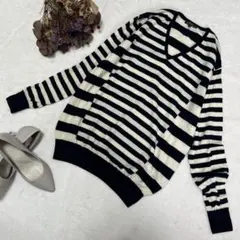美品☆23区 白×黒 ボーダーニット Vネックセーター ウール100 40/L