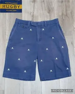 希少 ラルフローレン ラグビー RUGBY スカル刺繍 総柄 チノショーツ 紺