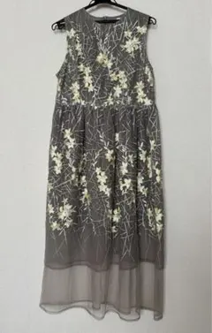 グレー 花柄刺繍 ノースリーブ ロングワンピース