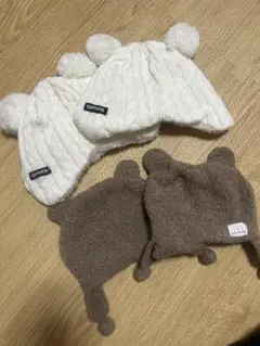 ニット帽セット ホワイト&ブラウン