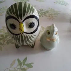 昭和レトロ フクロウ 陶器 置物 2点セット ペア 縁起物 インテリア