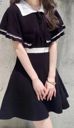 襟付き 半袖 ミニワンピース ブラック