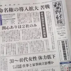 秋田魁新報　10月12日　新聞　朝刊　秋田魁新聞　地方新聞　秋田の新聞