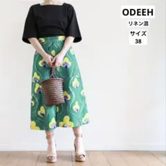 ODEEH オデー　ジャストウエスト　セミフレアースカート　花柄　麻　リネン