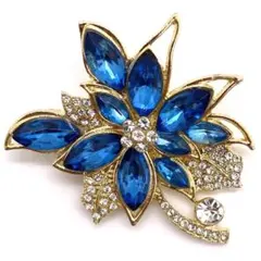 花モチーフ ラインストーン ブローチ ブルー ヴィンテージ風 アンティーク調