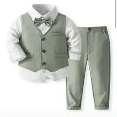 キッズ ベビー フォーマルスーツ ベスト.リボン付き 4点セット グリーン