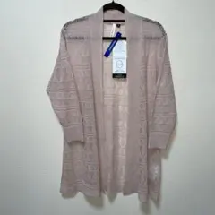 新品　薄ピンク 透かし編み カーディガン　七分袖　上品　清楚　カジュアル　M