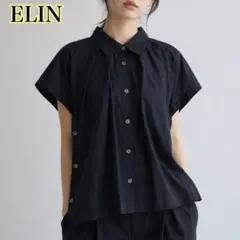 ELIN エリン ギャザー ブラウス サイドスリットボタン 黒ブラック 36のサムネイル