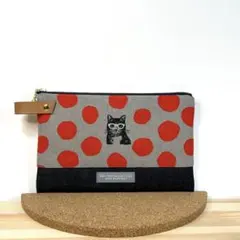 [ハンドメイド]フラットポーチ ／エチノ・猫ドット×デニム②
