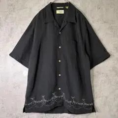 希少デザイン リネン レーヨン 刺繍 キューバシャツ 黒 開襟 