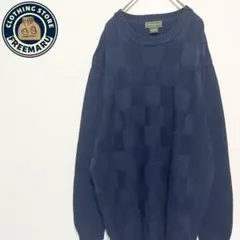 エディーバウアー　コットンニット　セーター　チェック柄　織り柄　3D　紺　古着