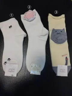 が*ん様 ソックス レディース かわいい ねこ柄 靴下 3足セット ホワイト系