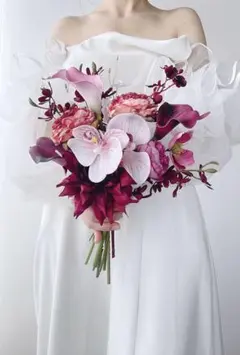 再販アーティフィシャルフラワーブーケ　前撮り　大人ブーケ　モーブ　結婚式　胡蝶蘭